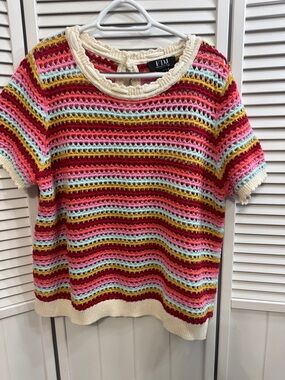 FDJ Multicolor Striped Short Sleeve Knit Sweater